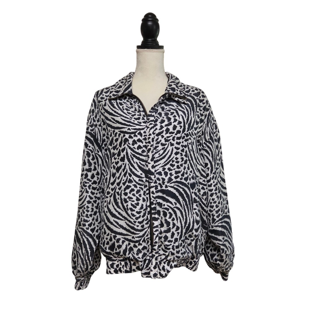 90s Retro Silk Bomber Zip Jacket L Black & White Animal Print Fran Fine Mob Wife